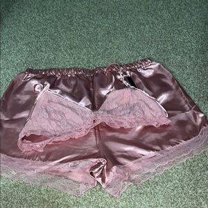 Pink Lace Trim Satin Sleepwear Set